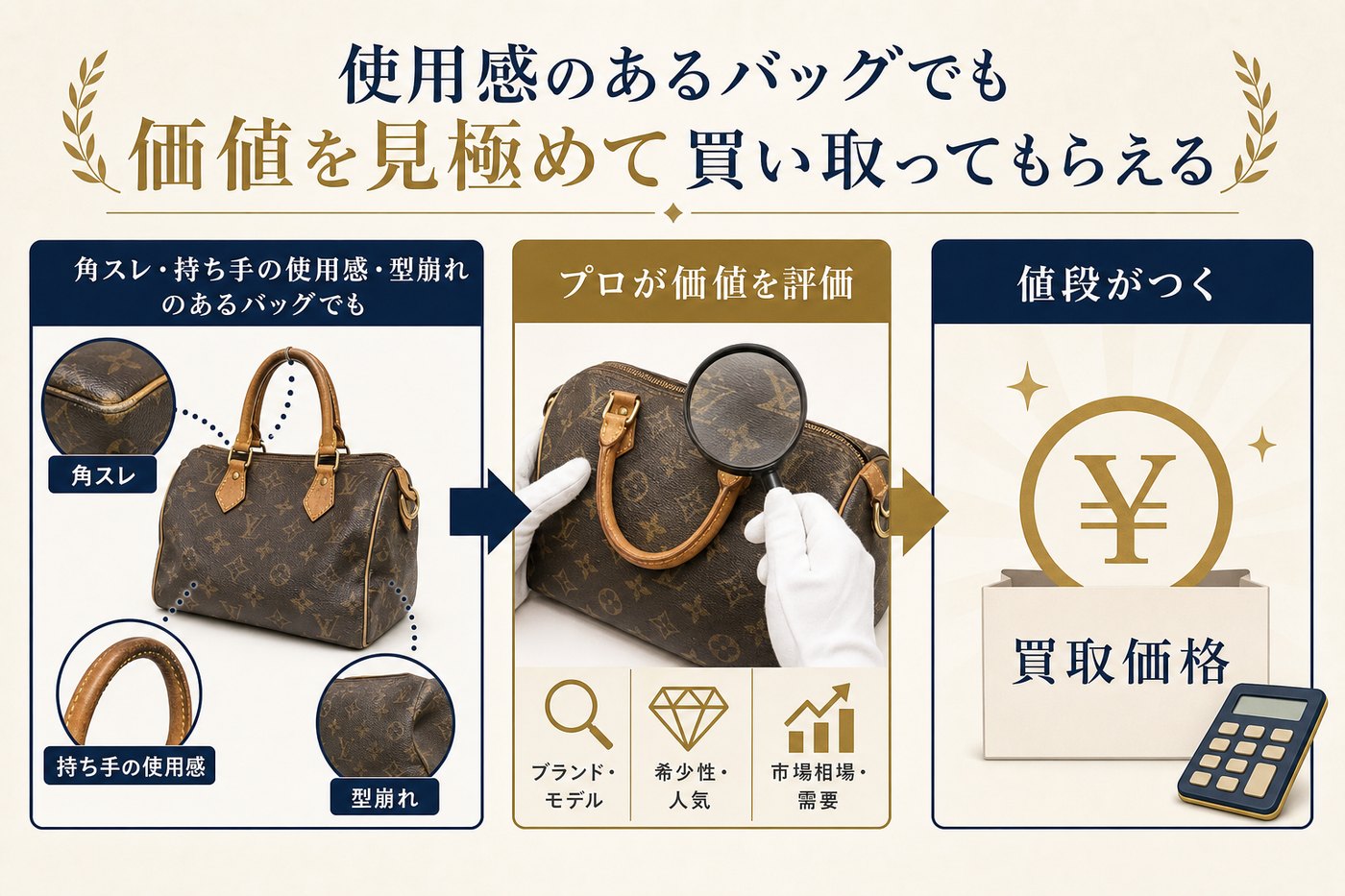 使用感のあるバッグも価値を見極めるの図解